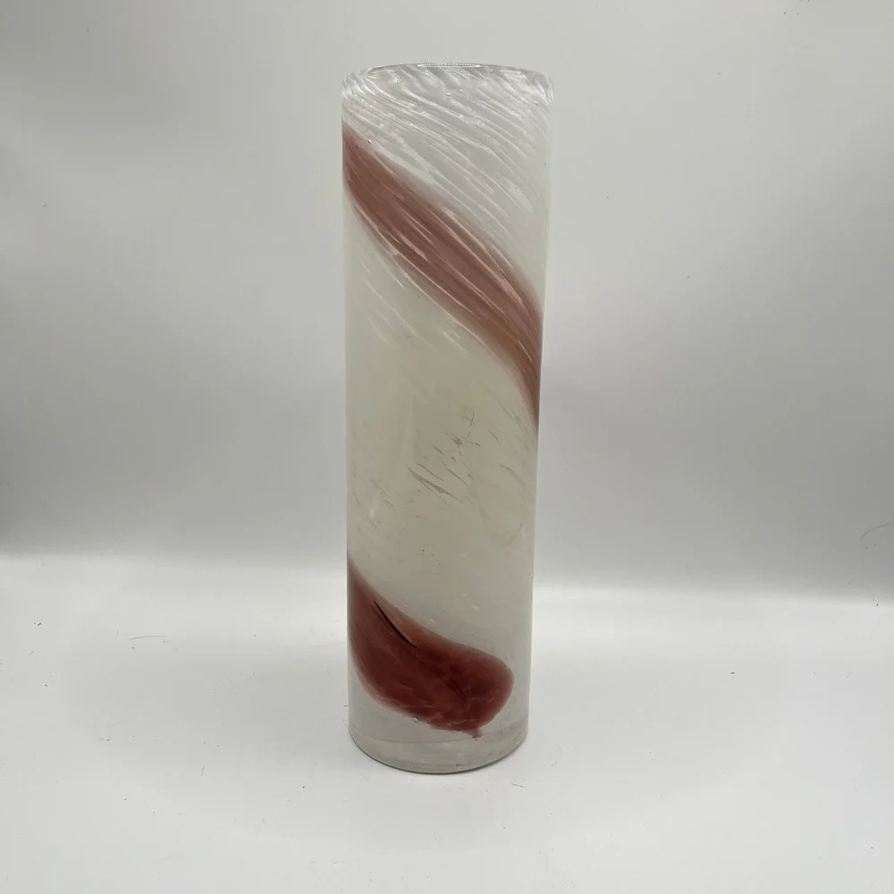 Hand Blown Murano Style Glass Cylinder Vase White Burgundy Swirl 12 Inch